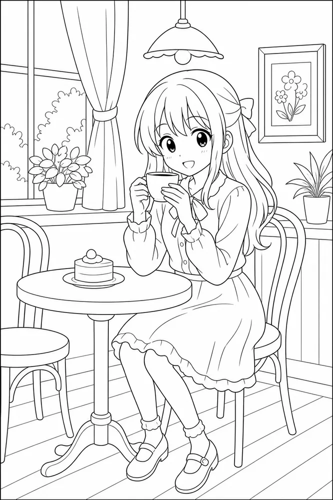 Anime Girl Anime girl simple cafe table coloring page