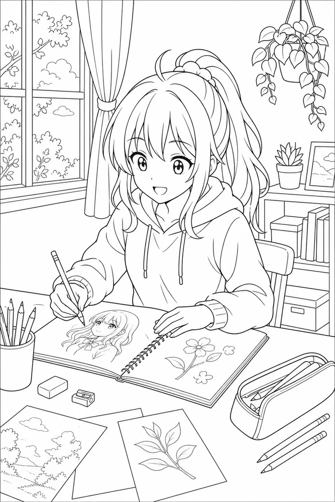 Anime Girl Anime girl sketchbook moment coloring page