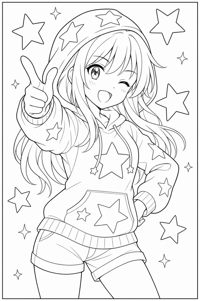Anime Girl Anime girl star hoodie pose coloring page
