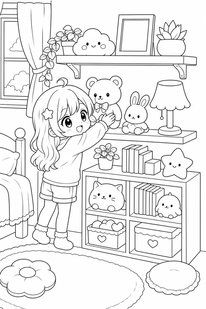 Chibi Anime Chibi anime bedroom shelf coloring page