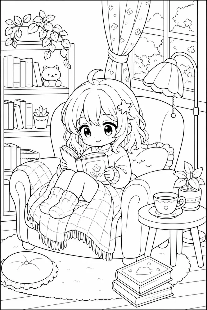 Chibi Anime Chibi anime cozy reading nook coloring page