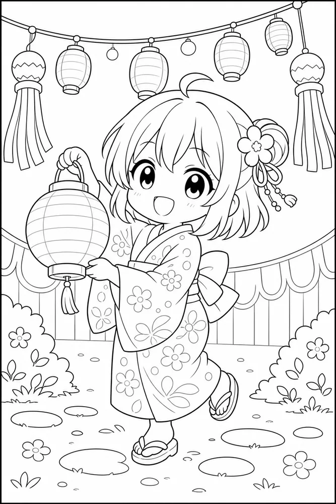 Chibi Anime Chibi anime festival lantern coloring page