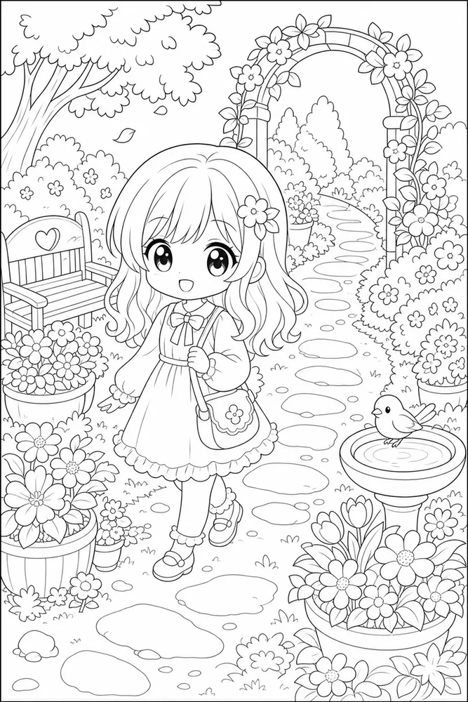 Chibi Anime Chibi anime garden walk coloring page