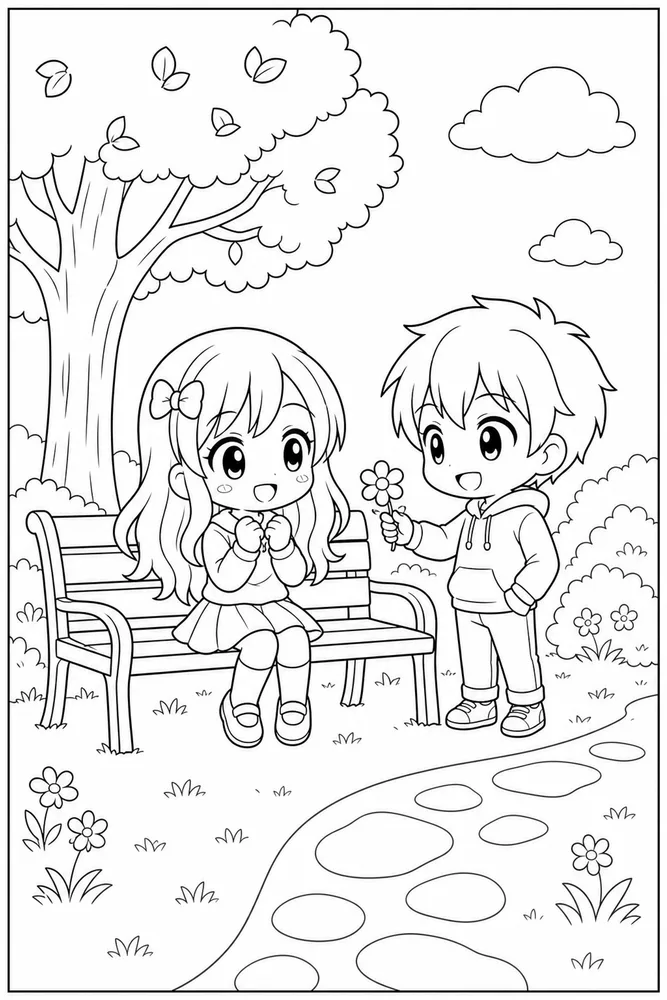 Chibi Anime Chibi anime park bench coloring page