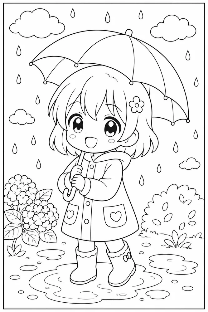 Chibi Anime Chibi anime rain umbrella coloring page