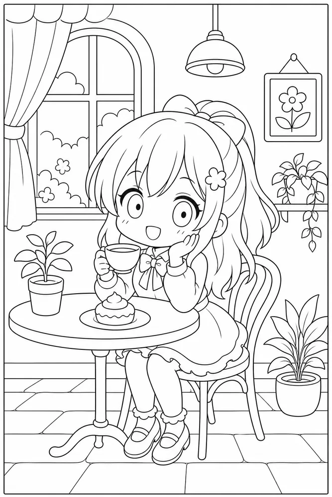 Chibi Anime Chibi anime simple cafe table coloring page