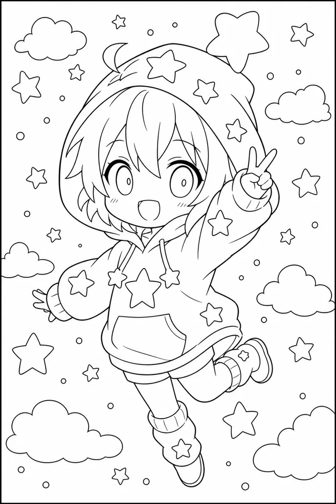 Chibi Anime Chibi anime star hoodie pose coloring page