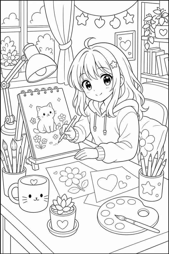 Cute Anime Cute anime art desk coloring page