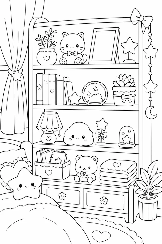Cute Anime Cute anime bedroom shelf coloring page