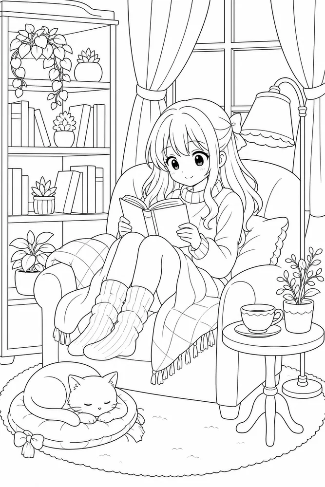 Cute Anime Cute anime cozy reading nook coloring page