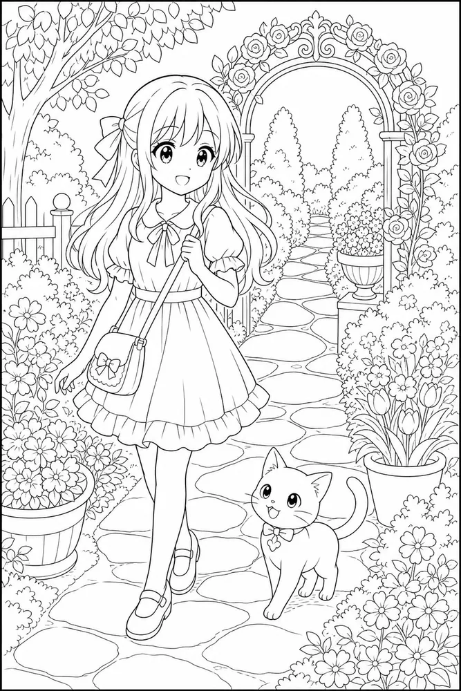 Cute Anime Cute anime garden walk coloring page