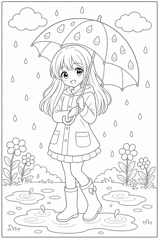 Cute Anime Cute anime rain umbrella coloring page