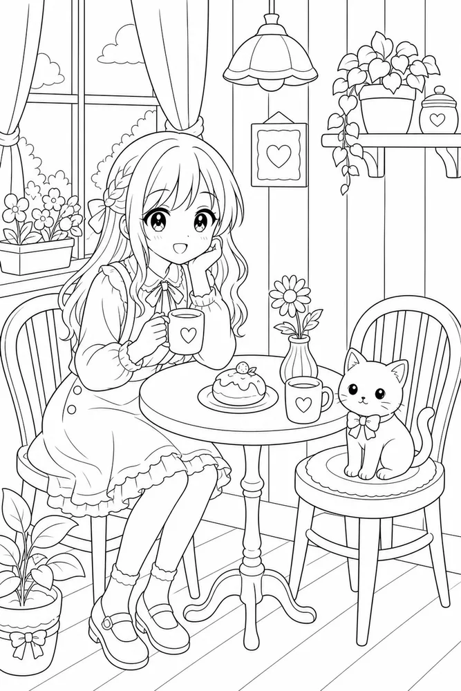 Cute Anime Cute anime simple cafe table coloring page