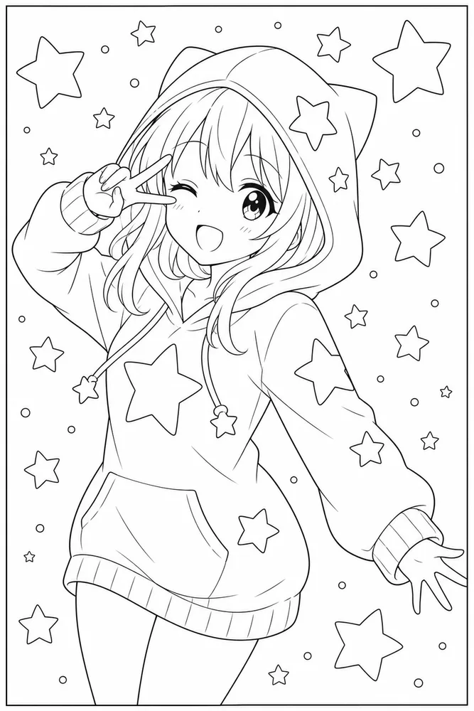 Cute Anime Cute anime star hoodie pose coloring page