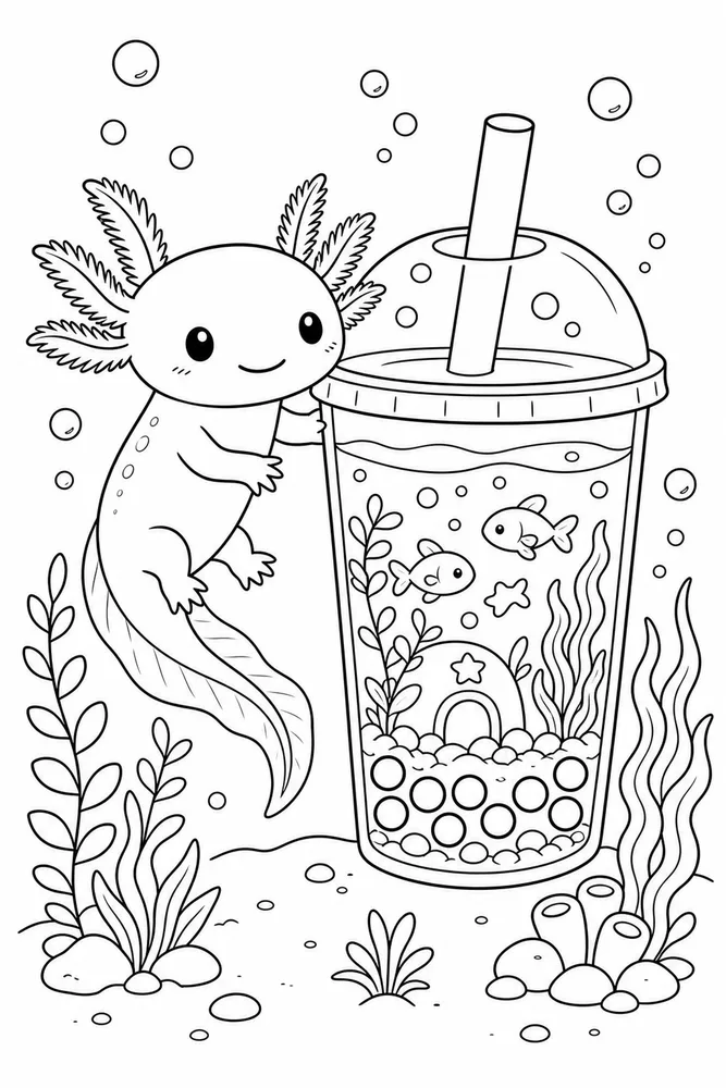 Axolotl Boba Coloring Pages preview: Axolotl Boba Axolotl boba aquarium plant coloring page