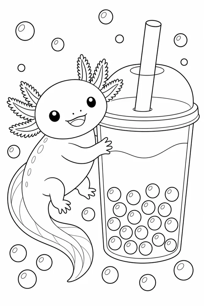 Axolotl Boba Axolotl boba boba cup scene coloring page
