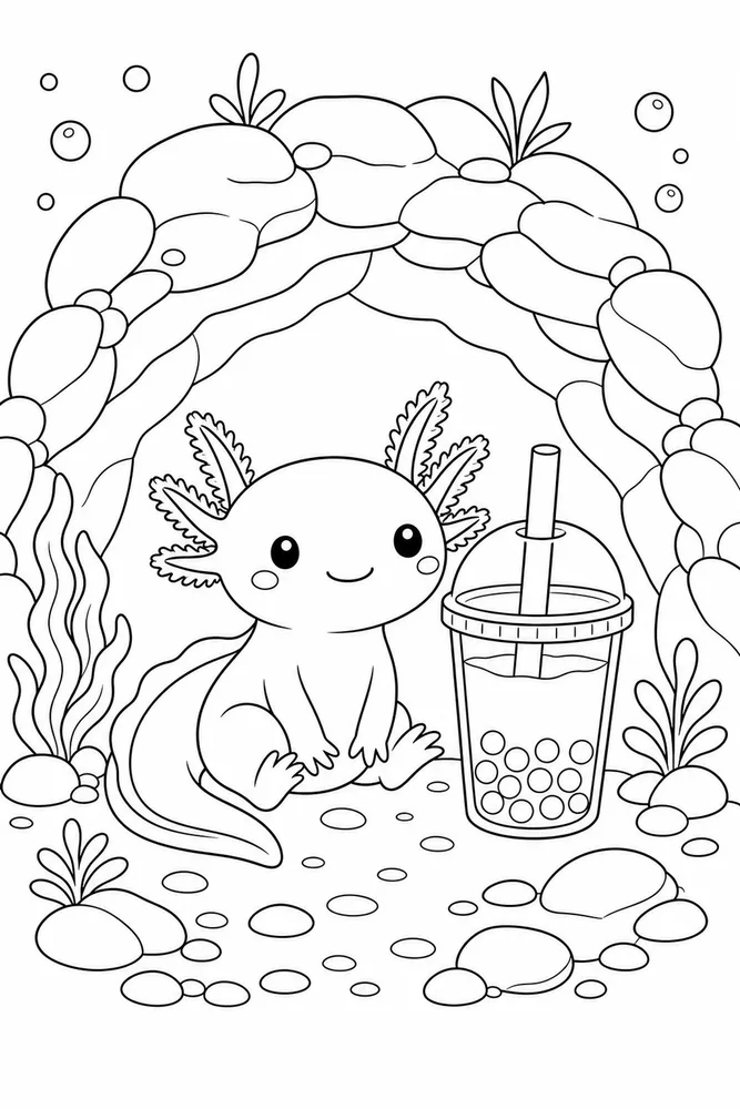 Axolotl Boba Axolotl boba cute rock cave coloring page