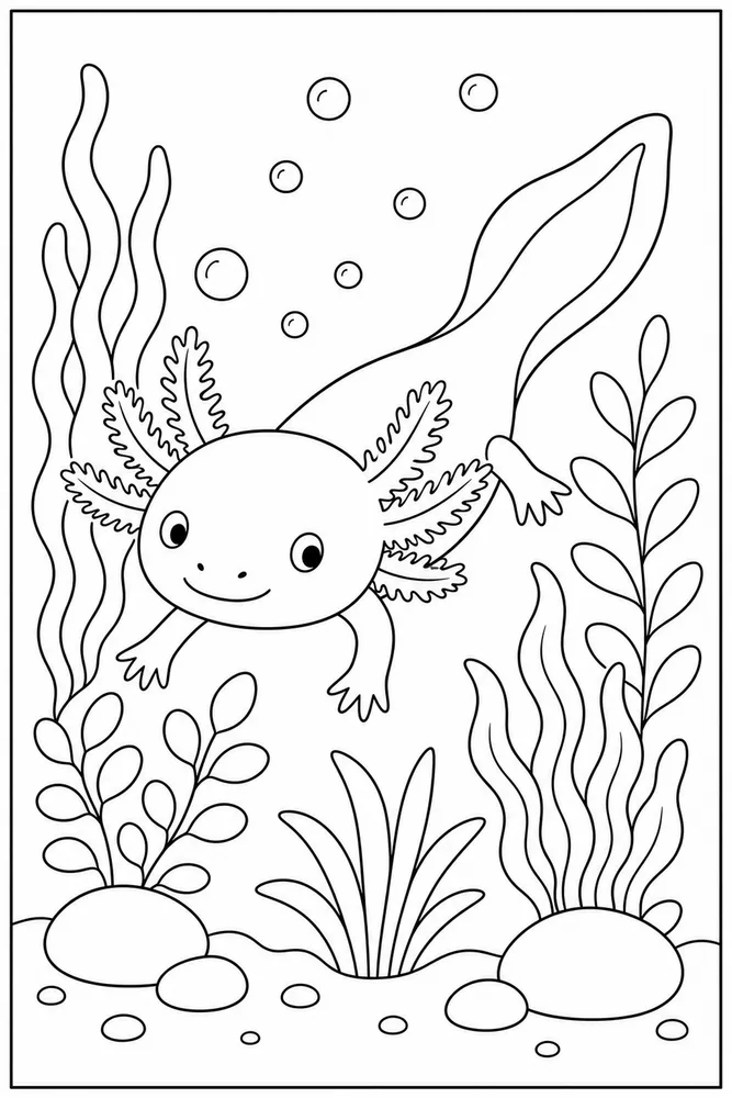Underwater Axolotl Coloring Pages preview: Axolotl Underwater Underwater Axolotl Aquarium Plants coloring page