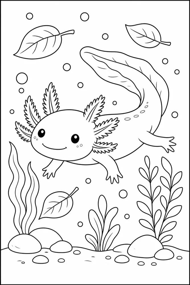 Axolotl Underwater Underwater Axolotl Floating Leaves coloring page
