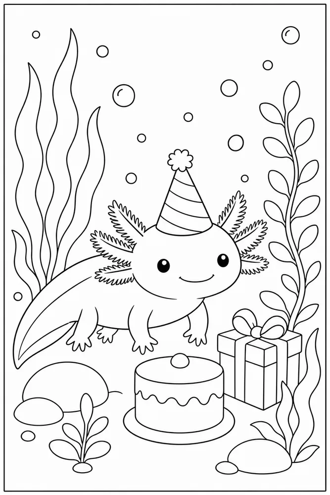 Birthday Axolotl Coloring Pages preview: Birthday Axolotl Birthday Axolotl Aquarium Plants coloring page