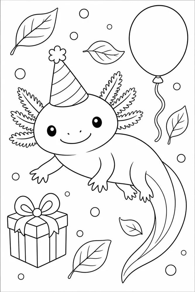 Birthday Axolotl Birthday Axolotl Floating Leaves coloring page