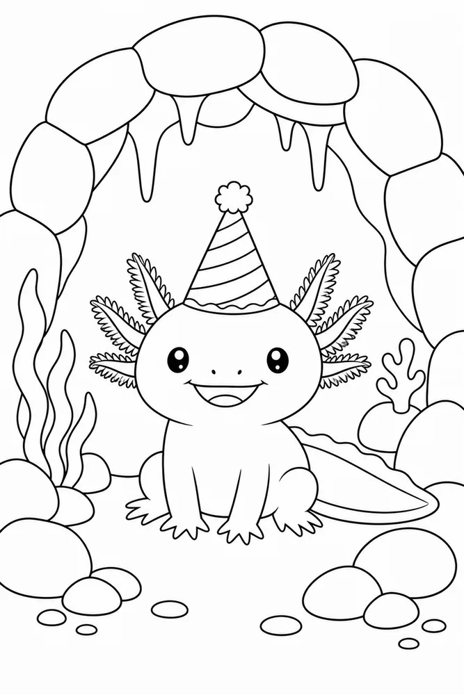 Birthday Axolotl Birthday Axolotl Rock Cave coloring page