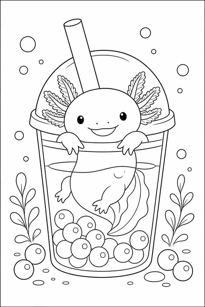 Cute Axolotl Cute axolotl boba cup scene coloring page