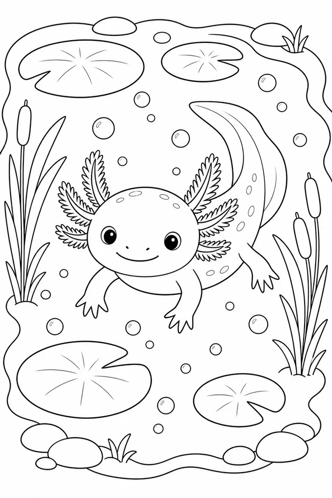 Cute Axolotl Cute axolotl bubble pond coloring page