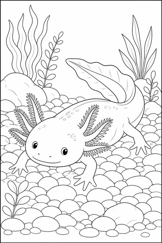 Cute Axolotl Cute axolotl pebble floor coloring page