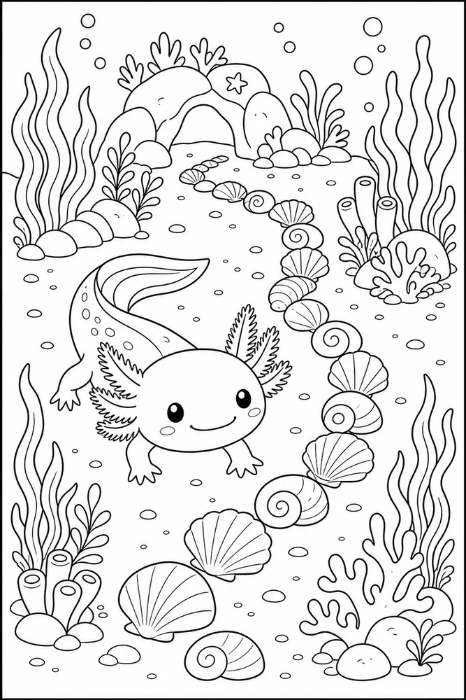Cute Axolotl Coloring Pages preview: Cute Axolotl Cute axolotl shell path coloring page