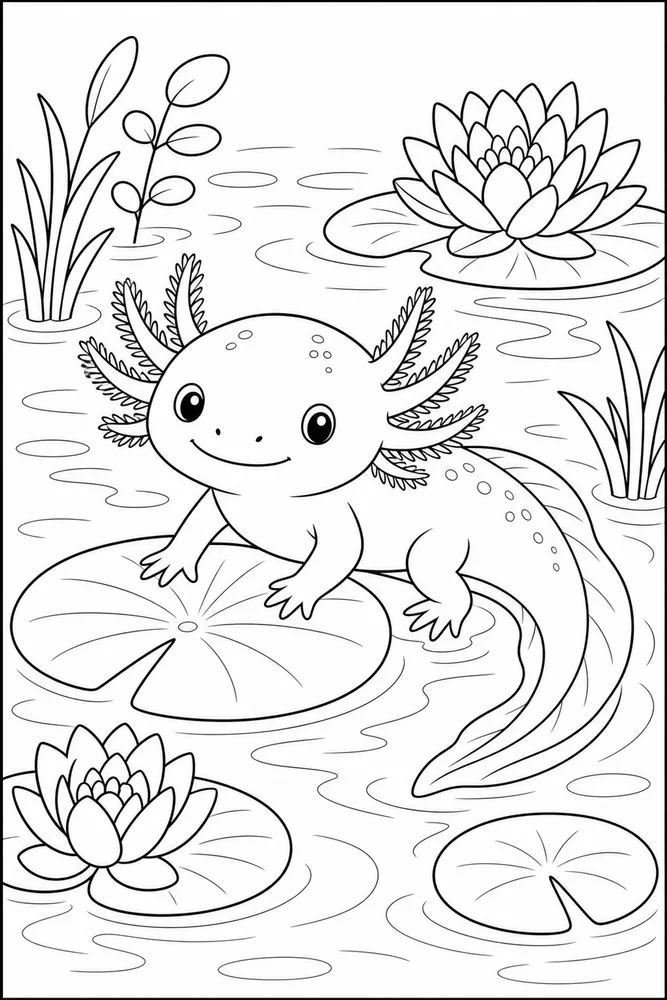 Cute Axolotl Cute axolotl water lily coloring page