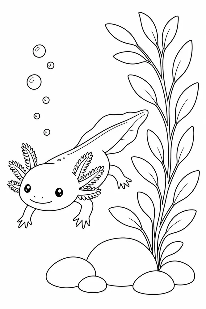 Easy Axolotl Coloring Pages preview: Easy Axolotl Easy axolotl aquarium plant coloring page