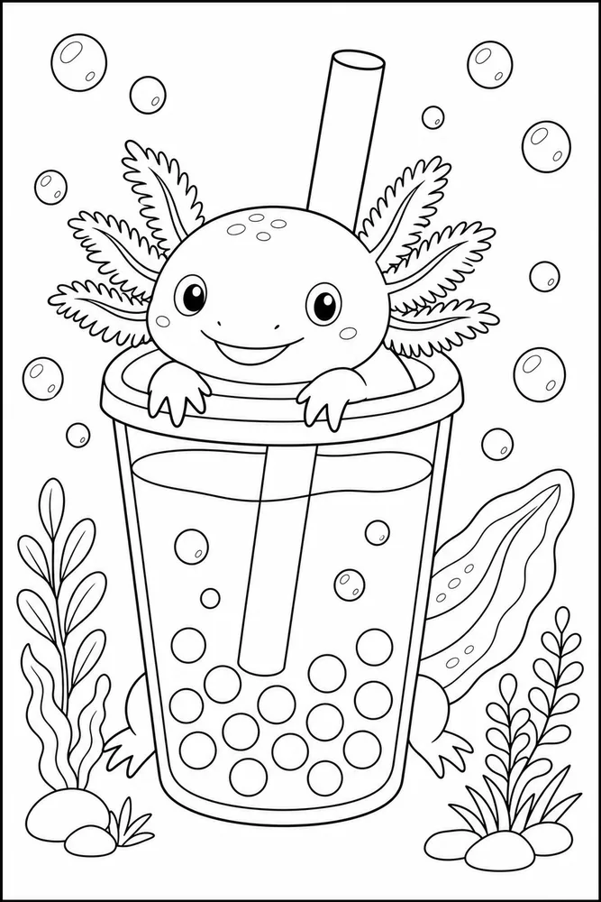 Easy Axolotl Easy axolotl boba cup scene coloring page