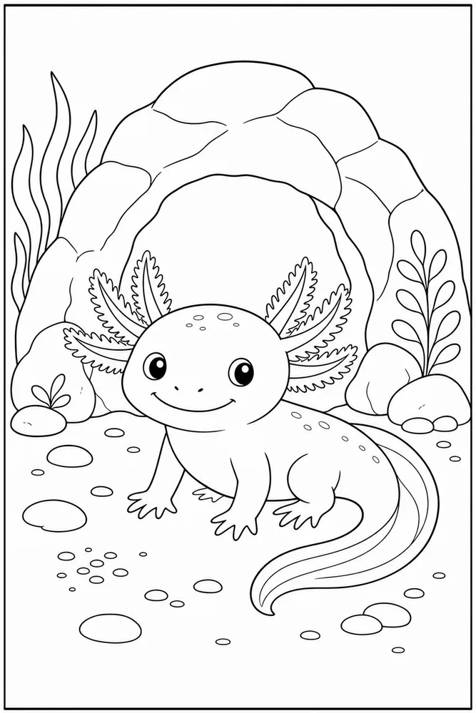 Easy Axolotl Easy axolotl cute rock cave coloring page