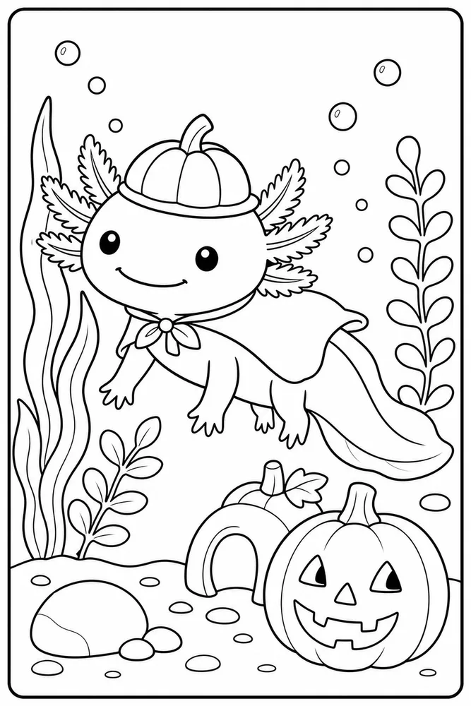 Halloween Axolotl Coloring Pages preview: Halloween Axolotl Halloween Axolotl Aquarium Plants coloring page
