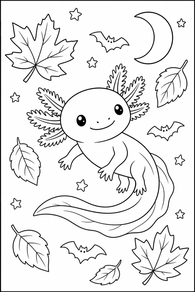 Halloween Axolotl Halloween Axolotl Floating Leaves coloring page