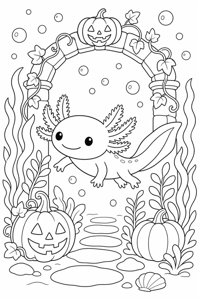 Halloween Axolotl Halloween Axolotl Underwater Garden coloring page