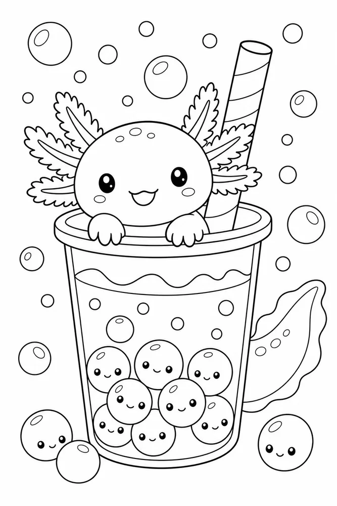 Kawaii Axolotl Kawaii axolotl boba cup scene coloring page