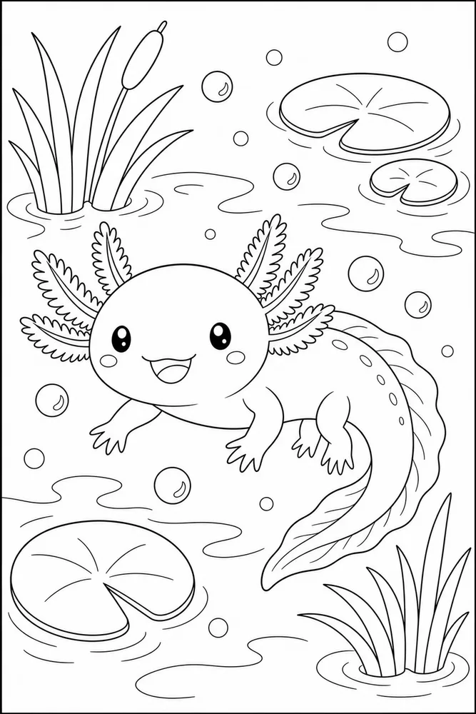 Kawaii Axolotl Kawaii axolotl bubble pond coloring page