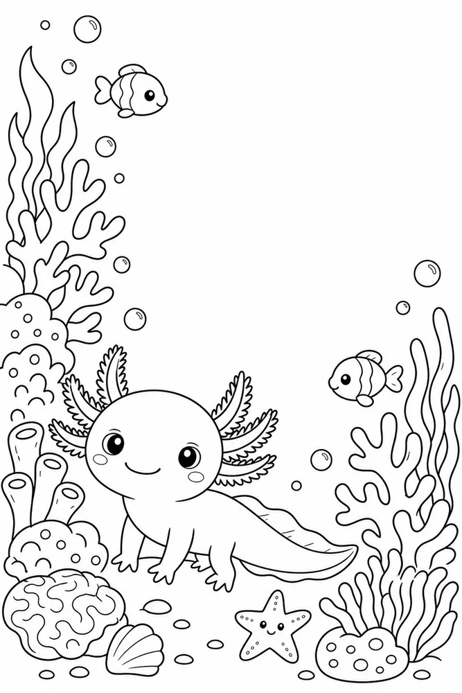 Kawaii Axolotl Kawaii axolotl coral corner coloring page