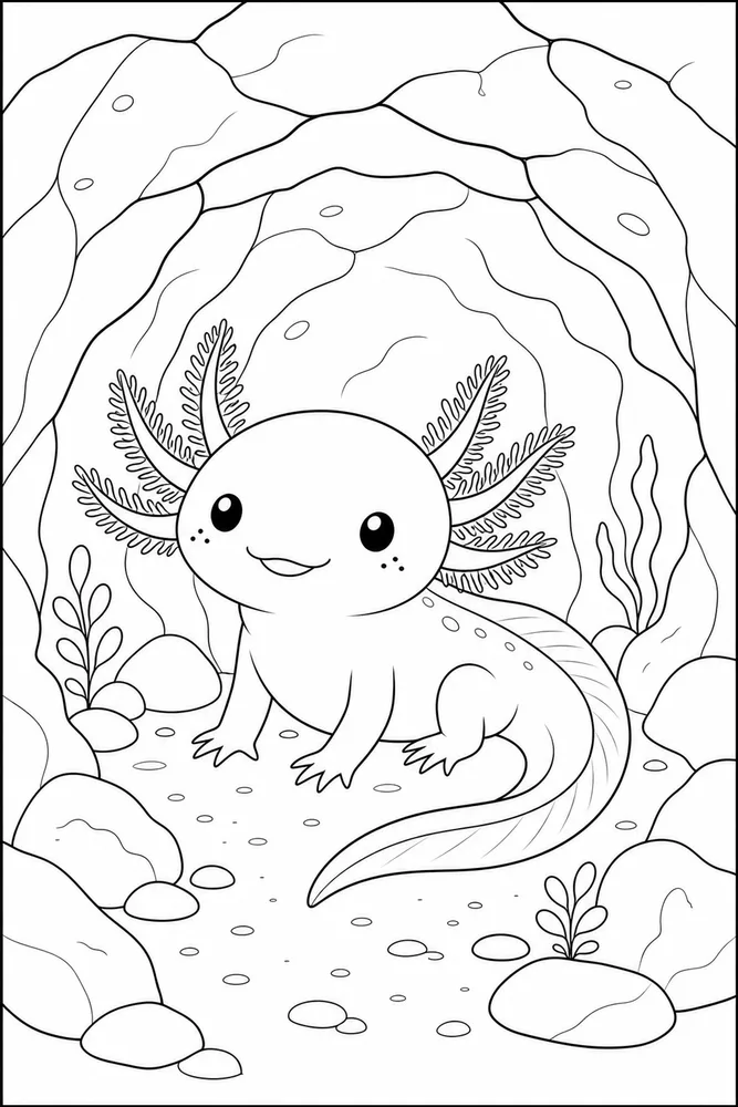 Kawaii Axolotl Kawaii axolotl cute rock cave coloring page