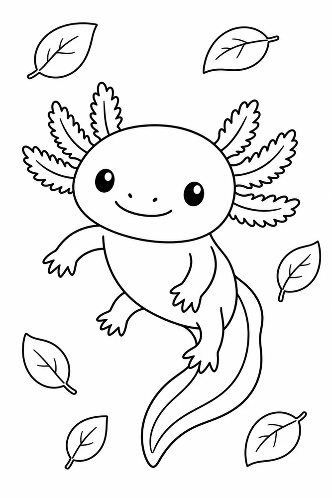 Kawaii Axolotl Kawaii Axolotl Floating Leaves coloring page
