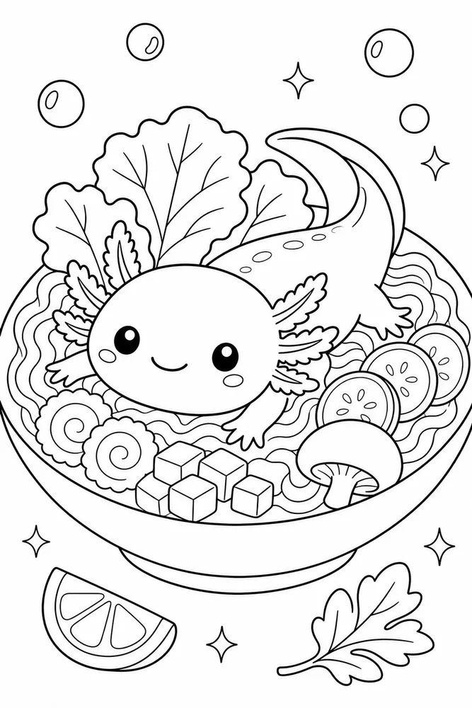 Kawaii Axolotl Kawaii Axolotl Food Dish coloring page