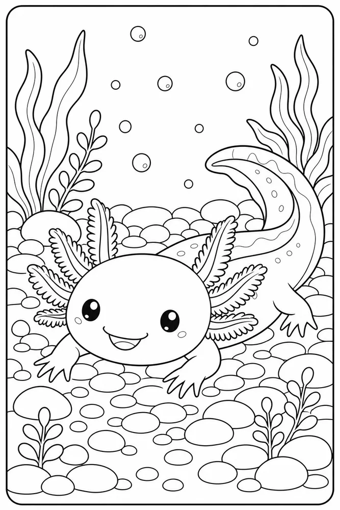 Kawaii Axolotl Kawaii axolotl pebble floor coloring page