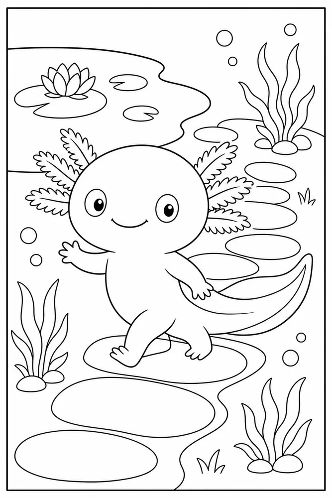 Kawaii Axolotl Kawaii Axolotl Pebble Path coloring page