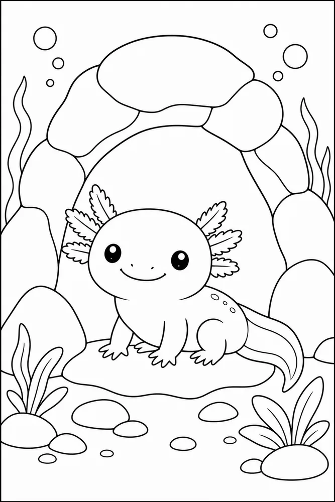 Kawaii Axolotl Kawaii Axolotl Rock Cave coloring page
