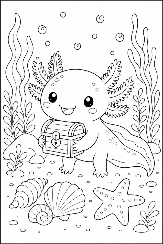 Kawaii Axolotl Kawaii axolotl tiny treasure coloring page