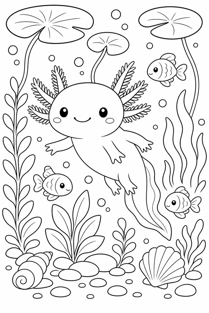 Kawaii Axolotl Kawaii Axolotl Underwater Garden coloring page