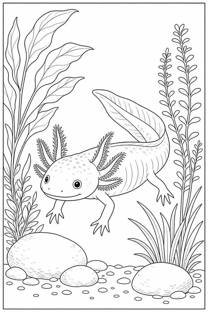 Realistic Axolotl Coloring Pages preview: Realistic Axolotl Realistic axolotl aquarium plant coloring page