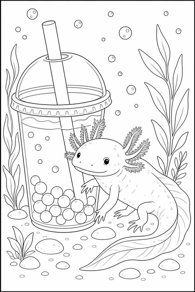 Realistic Axolotl Realistic axolotl boba cup scene coloring page